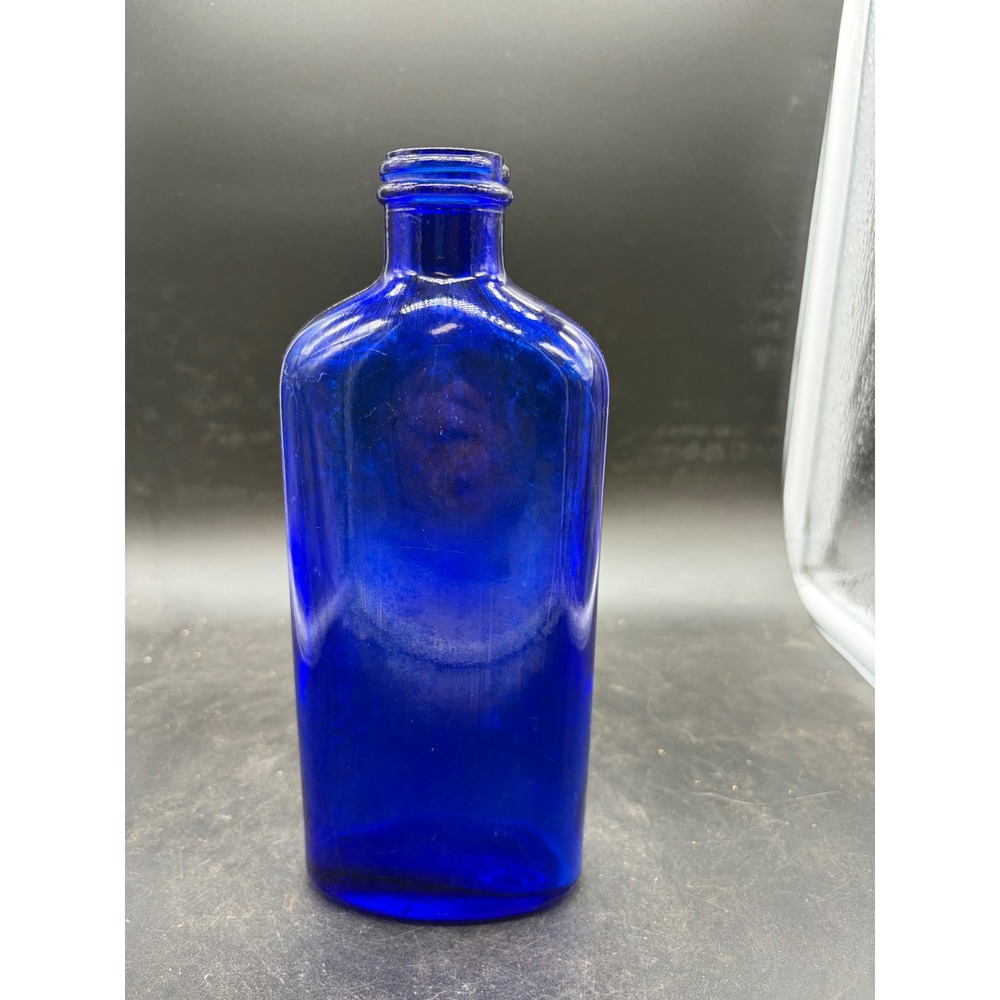 Vintage Cobalt Blue Glass Apothecary Bottle Oval Flask Medicine Bud Vase 6.25in
